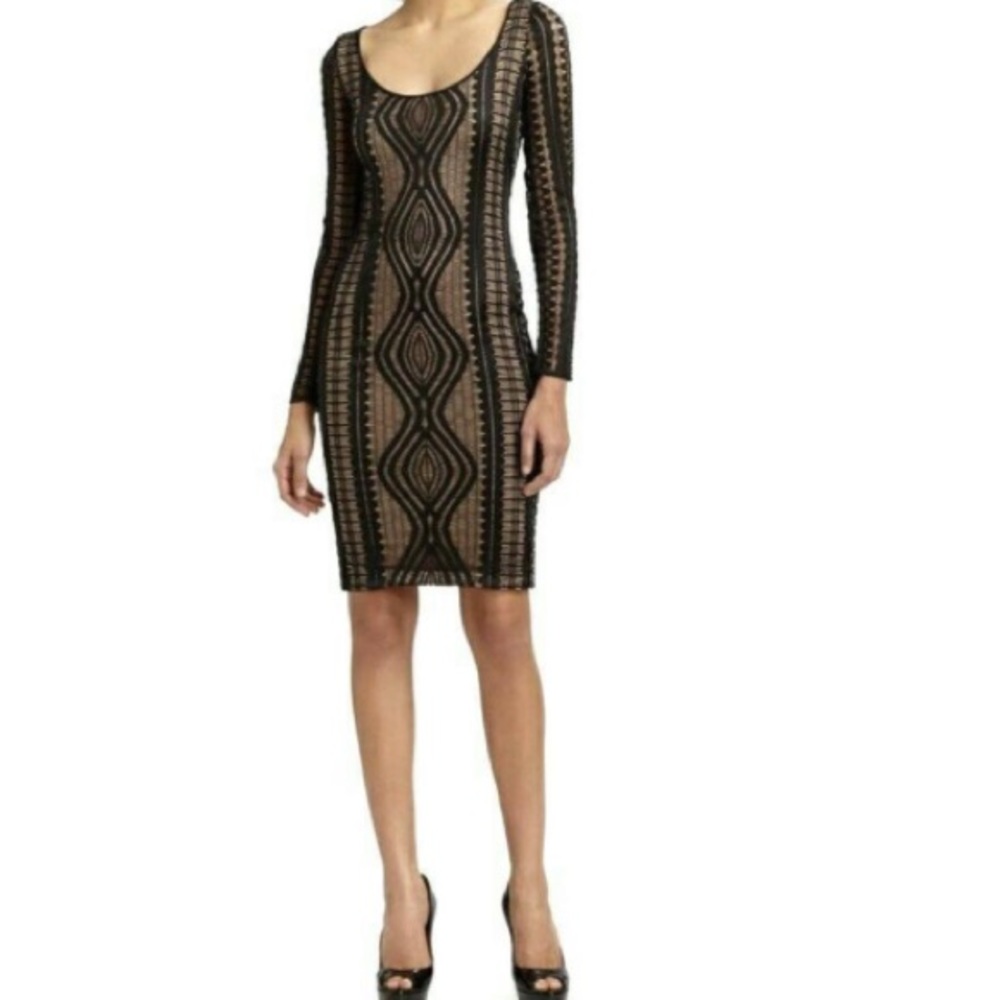BCBG MAXAZRIA long sleeve lace round neck bodycon dress. Black XS